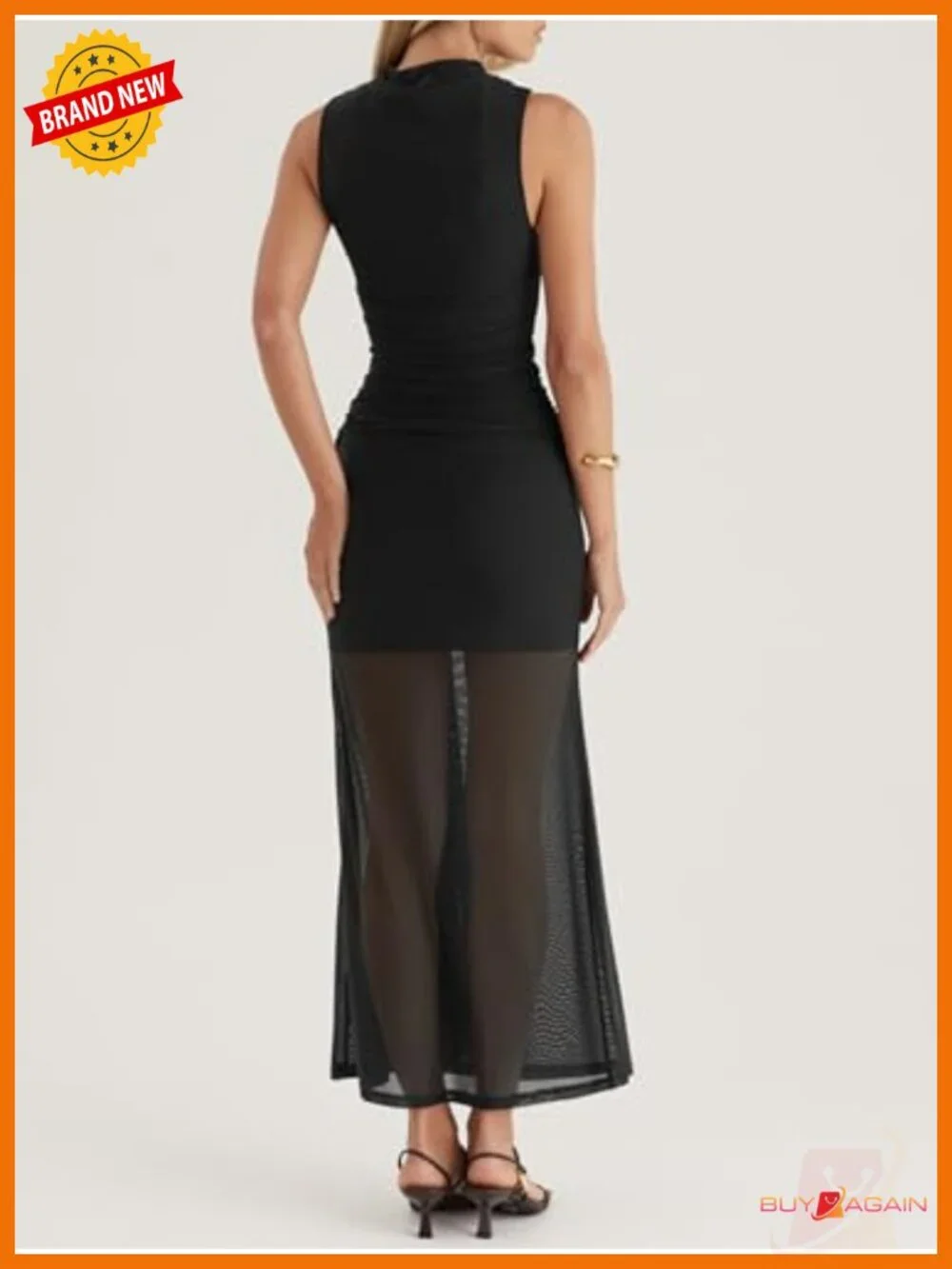 OWIN Women's Bodycon Maxi Dress Sleeveless Mock Neck Ruched Mesh Sheer Hem
